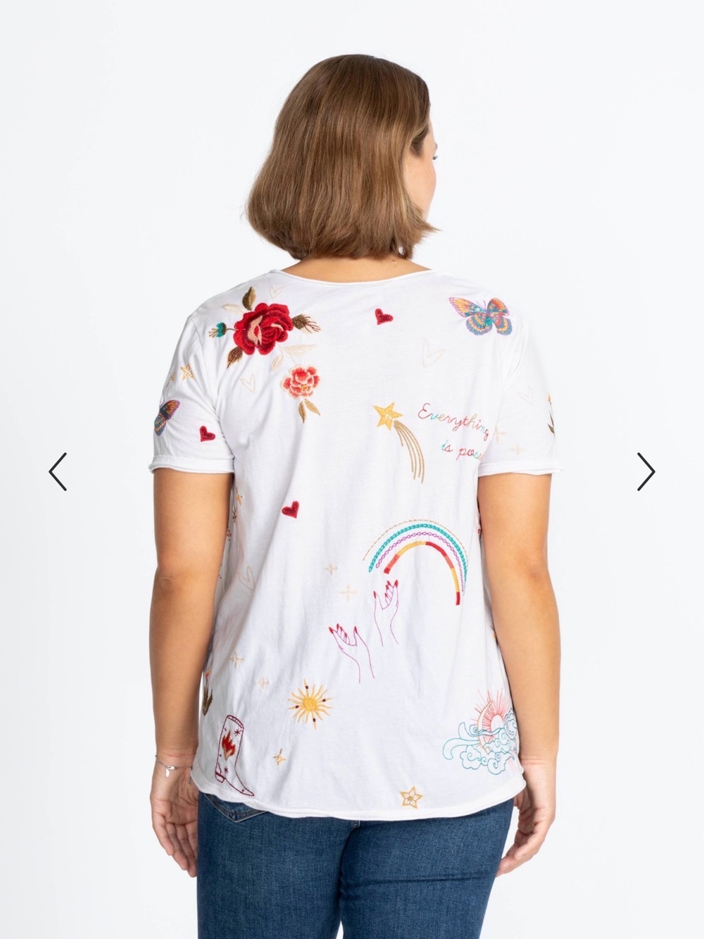 Johnny Was Monroe White V-Neck Tee with Embroidered Motifs - Picture 2 of 8